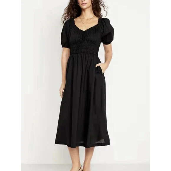 Old Navy Midi Dress Fit Flare Black Puff Sleeve Cotton Vacay Preppy Large P NWT - Picture 1 of 10